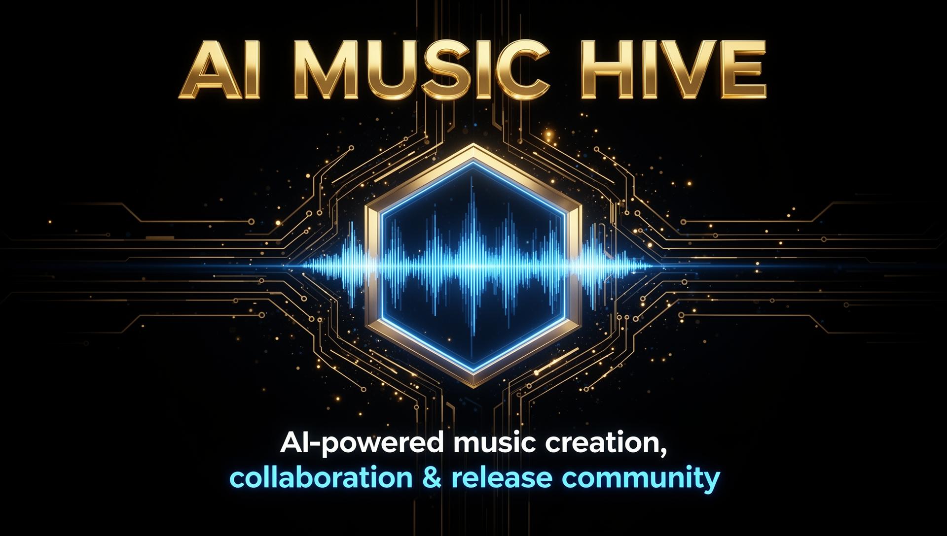 AI Music Hive — gold hexagon hive and electric-blue soundwave artwork